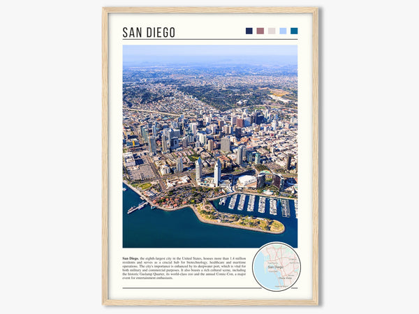 Descriptive Minimalist San Diego Poster in Wooden Frame