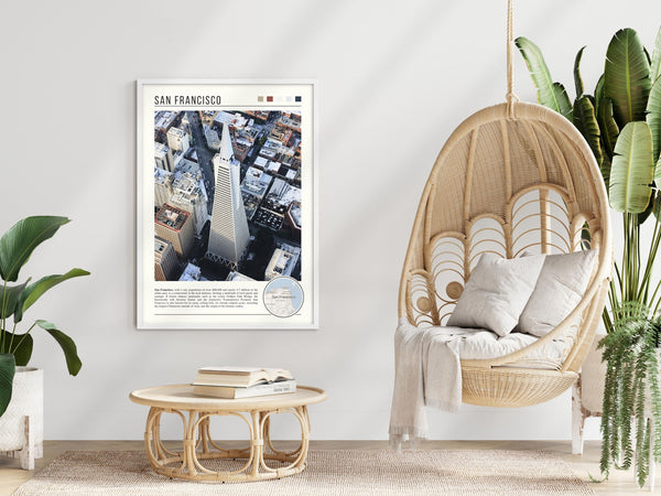 Descriptive Minimalist San Francisco Poster in White Frame displayed in a modern living room with a wicker chair.