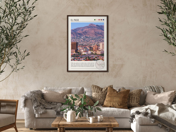 Descriptive Minimalist El Paso Poster in Dark Wooden Frame displayed in a cozy living room with a beige sofa.