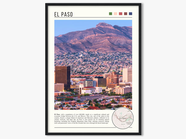 Descriptive Minimalist El Paso Poster in Black Frame displayed in a living room with a gray armchair.