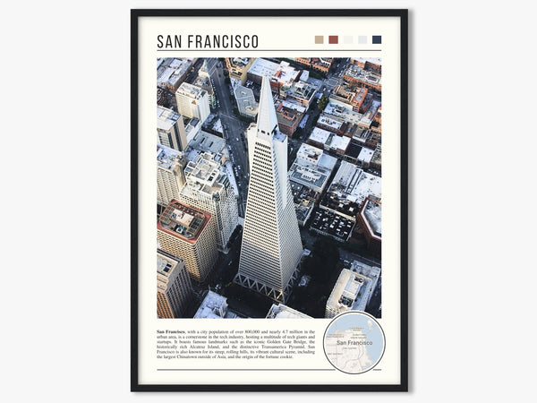 Descriptive Minimalist San Francisco Poster in Black Frame displayed in a living room with a gray armchair.