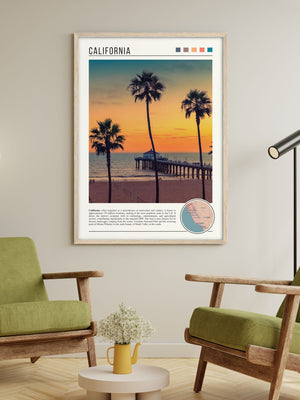 Descriptive Minimalist California Poster in Wooden Frame displayed in a living room with green chairs.