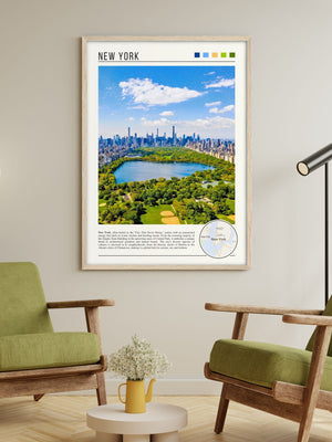 Descriptive Minimalist New York Poster in Wooden Frame displayed in a living room with green chairs.