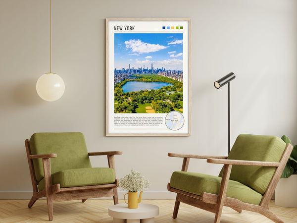 Descriptive Minimalist New York Poster in Wooden Frame displayed in a living room with green chairs.