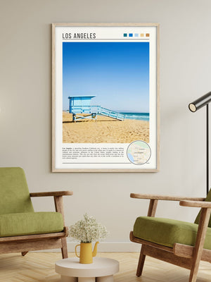 Descriptive Minimalist Los Angeles Poster in Wooden Frame displayed in a living room with green chairs.