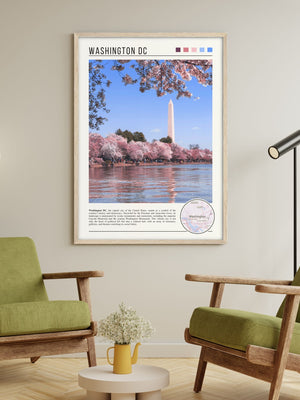 Descriptive Minimalist Washington Poster in Wooden Frame displayed in a living room with green chairs.