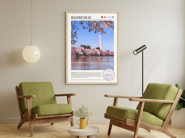 Descriptive Minimalist Washington Poster in Wooden Frame displayed in a living room with green chairs.