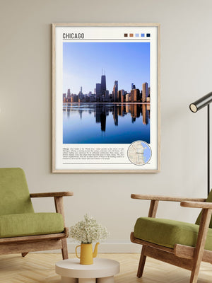 Descriptive Minimalist Chicago Skyline Poster in Wooden Frame displayed in a living room with green chairs.