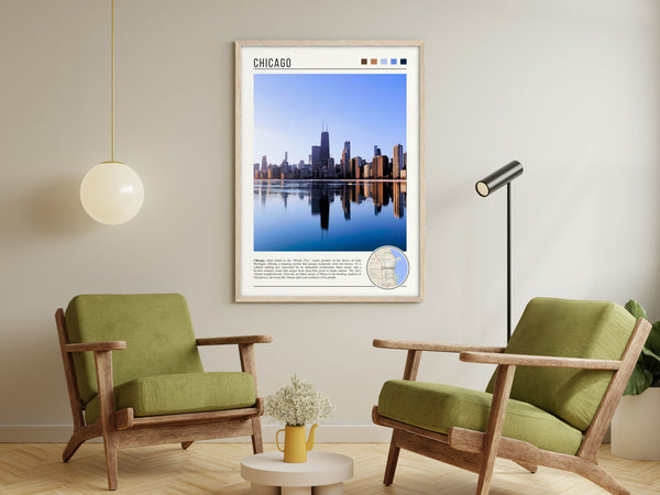 Descriptive Minimalist Chicago Skyline Poster in Wooden Frame displayed in a living room with green chairs.