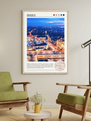 Descriptive Minimalist Oradea Poster in Wooden Frame displayed in a living room with green chairs.