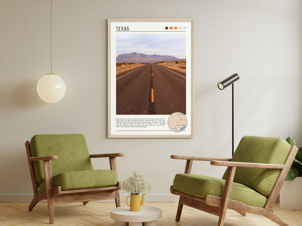 Descriptive Minimalist Texas Poster in Wooden Frame displayed in a living room with green chairs.