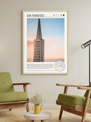 Descriptive Minimalist San Francisco Poster in Wooden Frame displayed in a living room with green chairs.