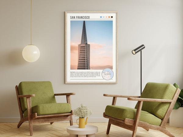 Descriptive Minimalist San Francisco Poster in Wooden Frame displayed in a living room with green chairs.