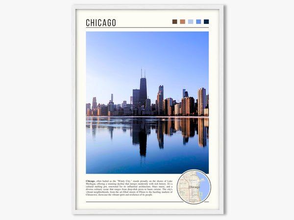 Descriptive Minimalist Chicago Skyline Poster in White Frame