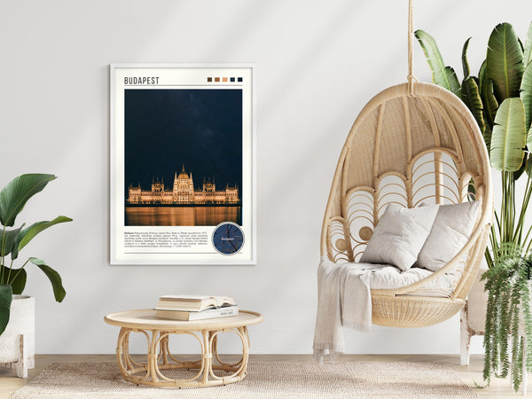 Descriptive Minimalist Budapest Poster in White Frame displayed in a modern living room with a wicker chair.