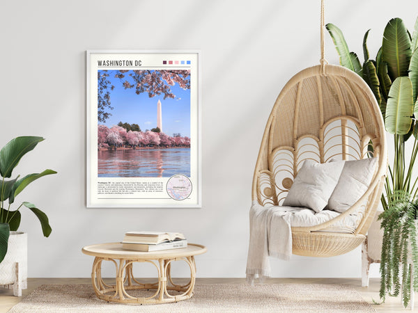 Descriptive Minimalist Washington Poster in White Frame displayed in a modern living room with a wicker chair.