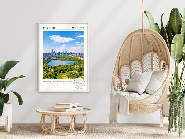 Descriptive Minimalist New York Poster in White Frame displayed in a modern living room with a wicker chair.