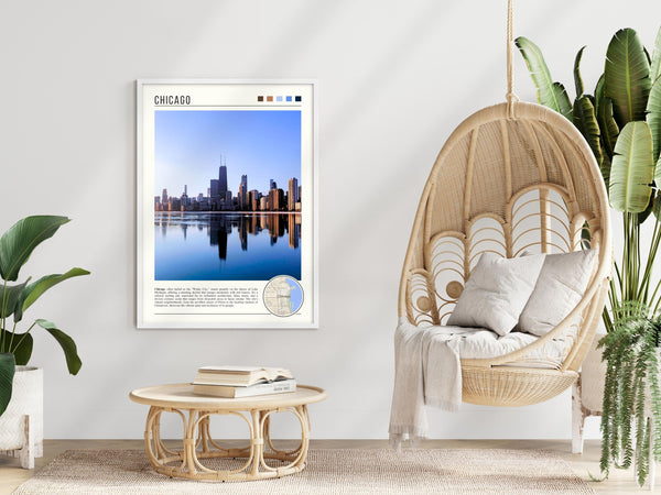 Descriptive Minimalist Chicago Skyline Poster in White Frame displayed in a modern living room with a wicker chair.