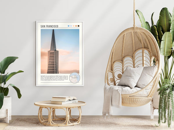 Descriptive Minimalist San Francisco Poster in White Frame displayed in a modern living room with a wicker chair.