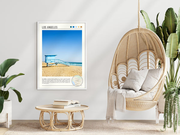 Descriptive Minimalist Los Angeles Poster in White Frame displayed in a modern living room with a wicker chair.