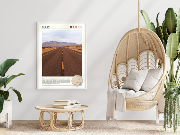 Descriptive Minimalist Texas Poster in White Frame displayed in a modern living room with a wicker chair.