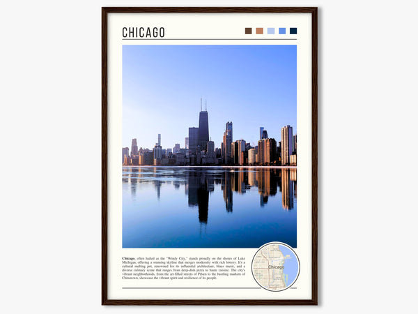 Descriptive Minimalist Chicago Skyline Poster in Dark Wooden Frame