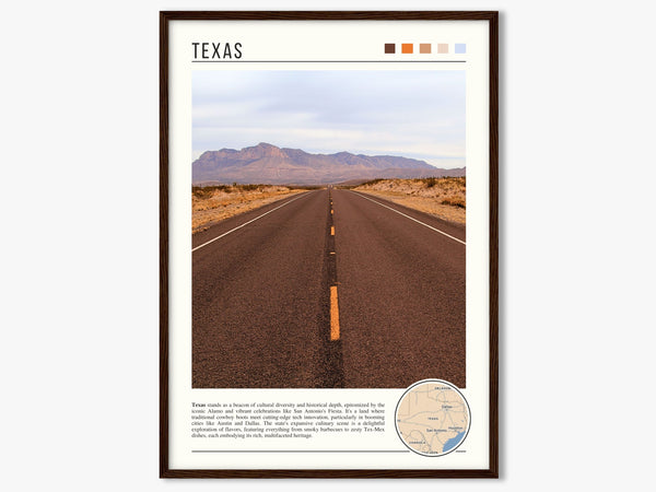 Descriptive Minimalist Texas Poster in Dark Wooden Frame