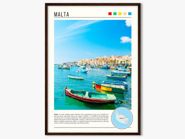 Descriptive Minimalist Malta Poster in Dark Wooden Frame