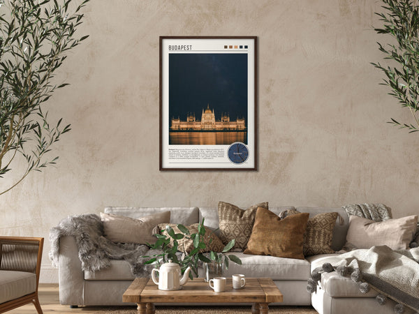 Descriptive Minimalist Budapest Poster in Dark Wooden Frame displayed in a cozy living room with a beige sofa.