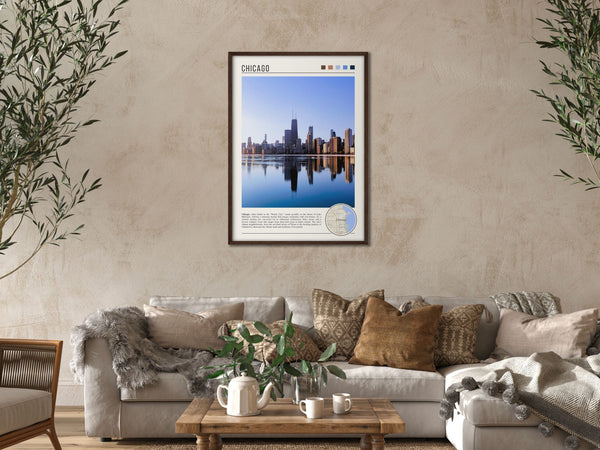 Descriptive Minimalist Chicago Skyline Poster in Dark Wooden Frame displayed in a cozy living room with a beige sofa.