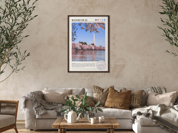 Descriptive Minimalist Washington Poster in Dark Wooden Frame displayed in a cozy living room with a beige sofa.