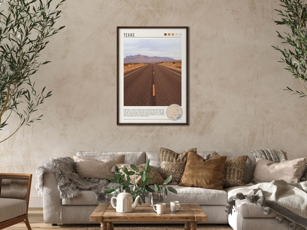 Descriptive Minimalist Texas Poster in Dark Wooden Frame displayed in a cozy living room with a beige sofa.