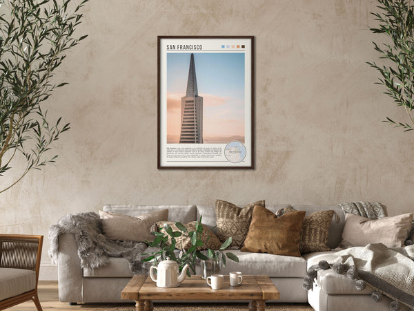 Descriptive Minimalist San Francisco Poster in Dark Wooden Frame displayed in a cozy living room with a beige sofa.