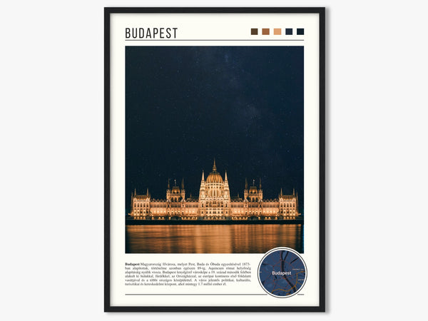 Descriptive Minimalist Budapest Poster in Black Frame displayed in a living room with a gray armchair.