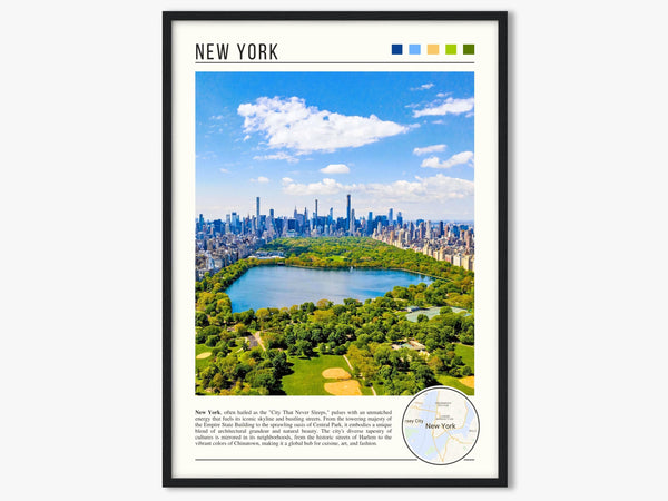 Descriptive Minimalist New York Poster in Black Frame displayed in a living room with a gray armchair.