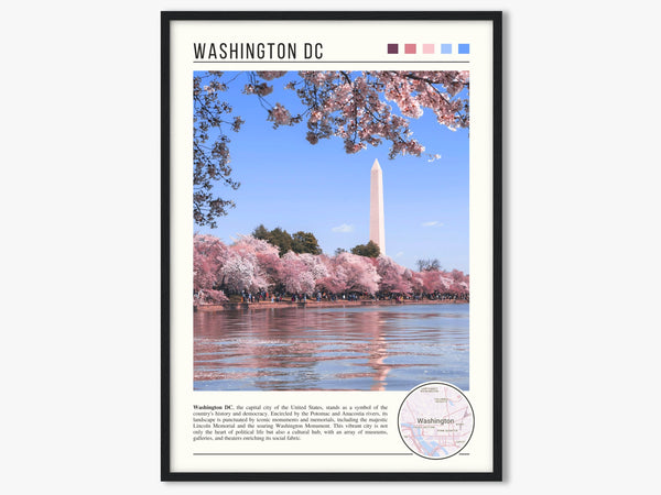 Descriptive Minimalist Washington Poster in Black Frame displayed in a living room with a gray armchair.