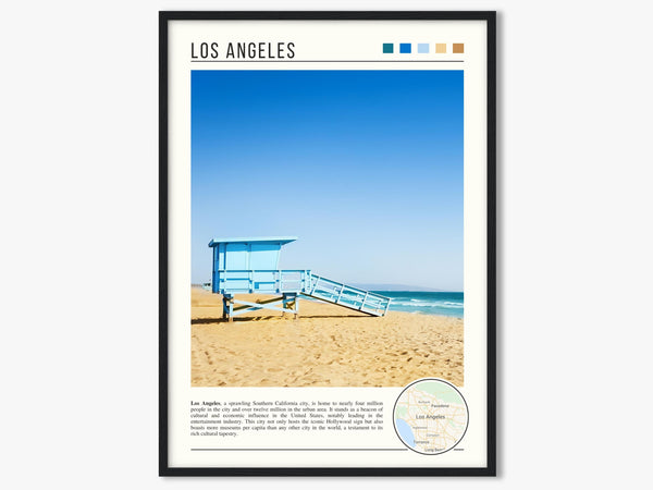 Descriptive Minimalist Los Angeles Poster in Black Frame displayed in a living room with a gray armchair.