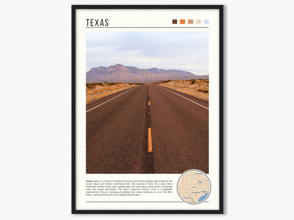 Descriptive Minimalist Texas Poster in Black Frame displayed in a living room with a gray armchair.