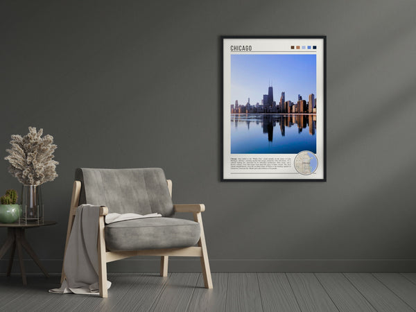 Descriptive Minimalist Chicago Skyline Poster in Black Frame