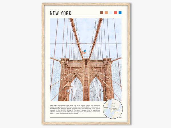 Descriptive Minimalist Brooklyn Bridge Poster in Wooden Frame