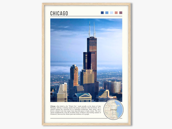 Descriptive Minimalist Willis Tower Poster in Wooden Frame