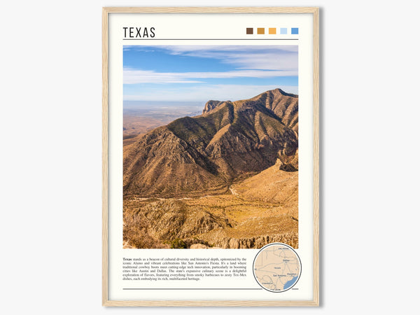 Descriptive Minimalist Texas Poster in Wooden Frame