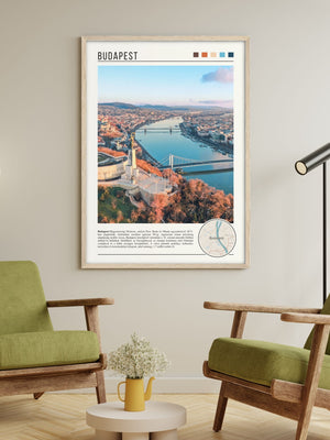 Descriptive Minimalist Budapest Poster in Wooden Frame displayed in a living room with green chairs.