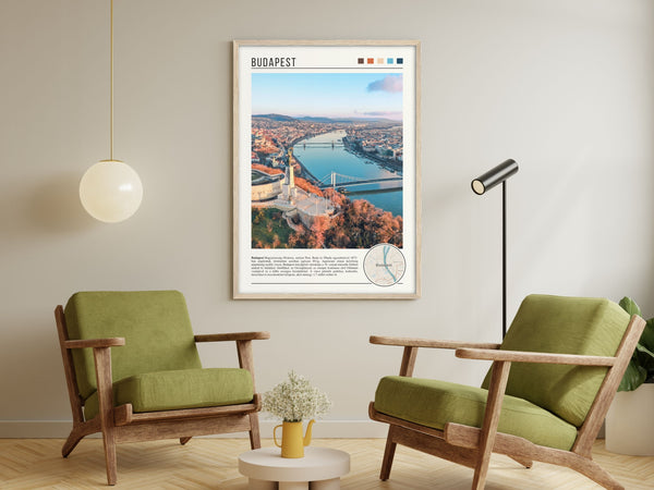 Descriptive Minimalist Budapest Poster in Wooden Frame displayed in a living room with green chairs.