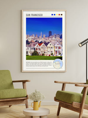 Descriptive Minimalist San Francisco Poster in Wooden Frame displayed in a living room with green chairs.