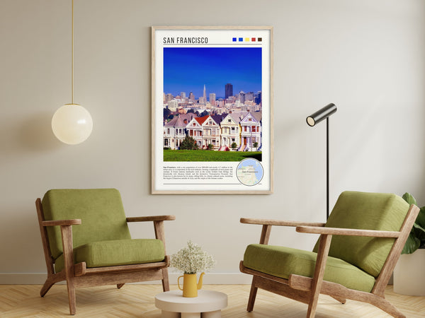 Descriptive Minimalist San Francisco Poster in Wooden Frame displayed in a living room with green chairs.