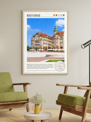 Descriptive Minimalist Nagyvárad Poster in Wooden Frame displayed in a living room with green chairs.