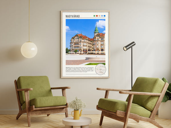 Descriptive Minimalist Nagyvárad Poster in Wooden Frame displayed in a living room with green chairs.