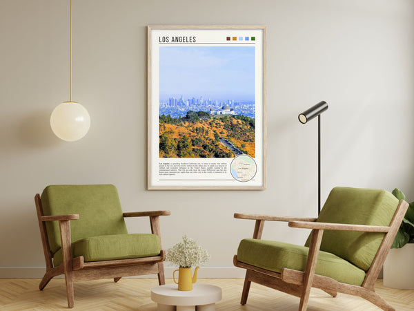 Descriptive Minimalist Los Angeles Poster in Wooden Frame displayed in a living room with green chairs.