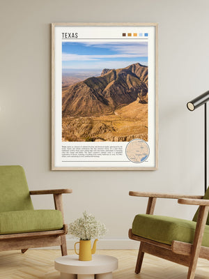 Descriptive Minimalist Texas Poster in Wooden Frame displayed in a living room with green chairs.